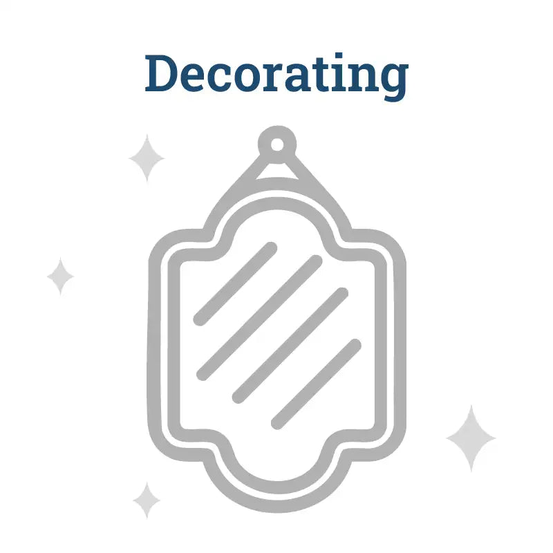 Gray decorative hanging plaque with a scalloped border and diagonal striped pattern.