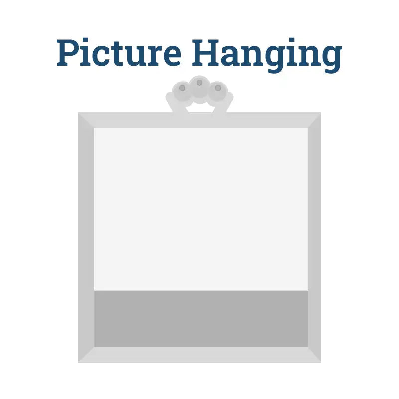 Gray rectangular picture frame with a decorative hanging mechanism at the top