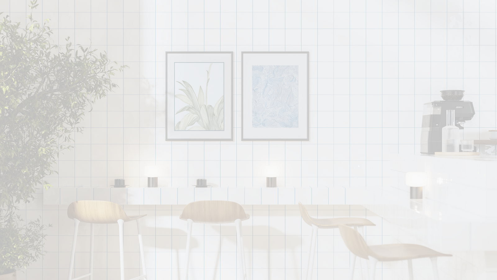 Whitened image of artwork hung above a table in a restaurant