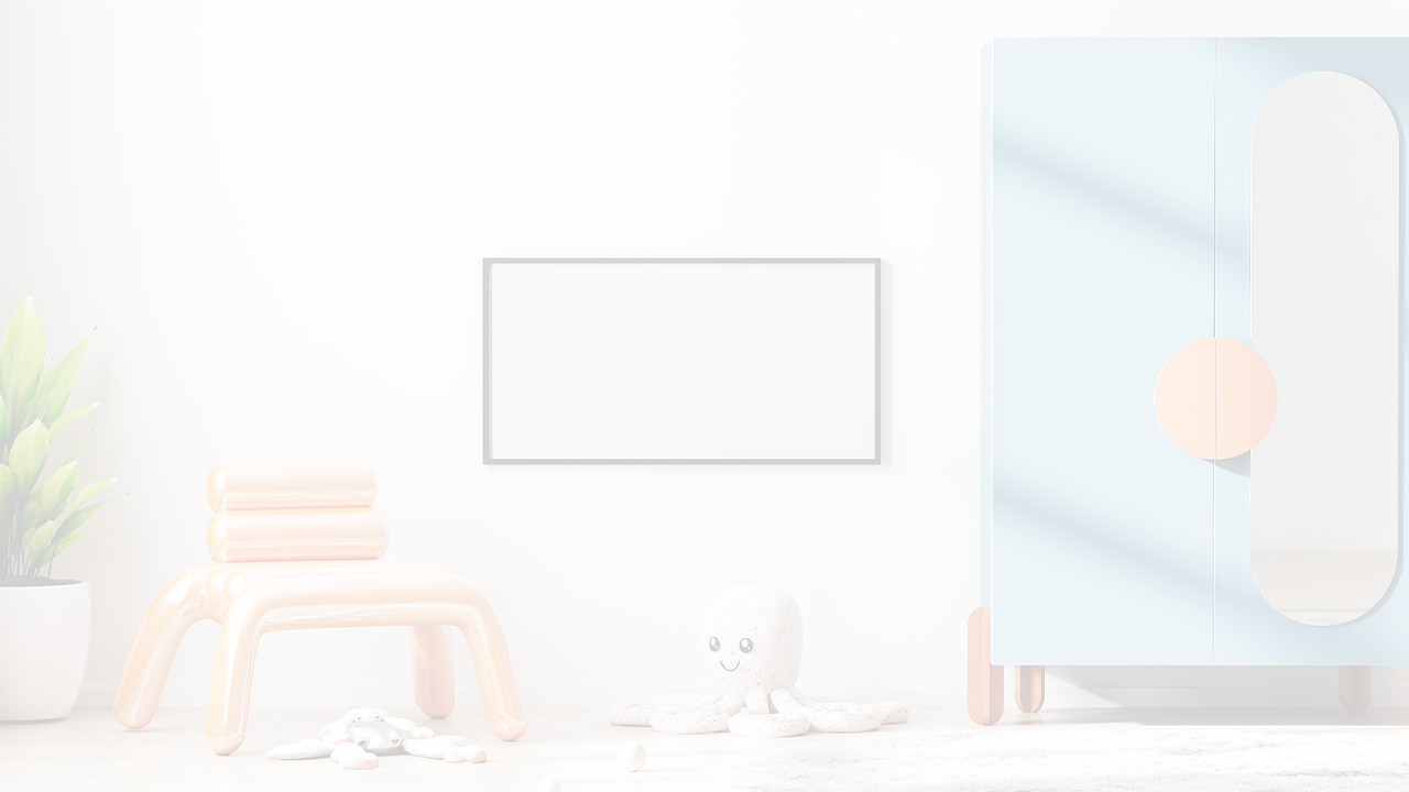 a whitenend image of a play room with artwork on the wall