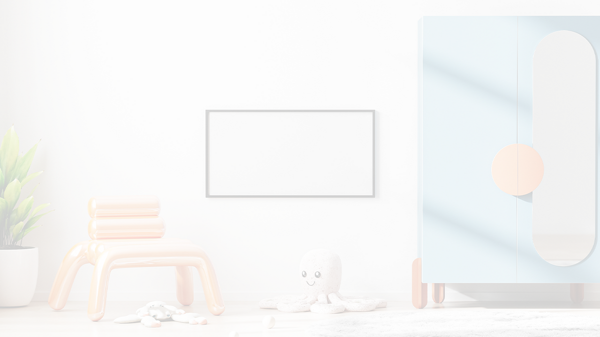 a whitenend image of a play room with artwork on the wall