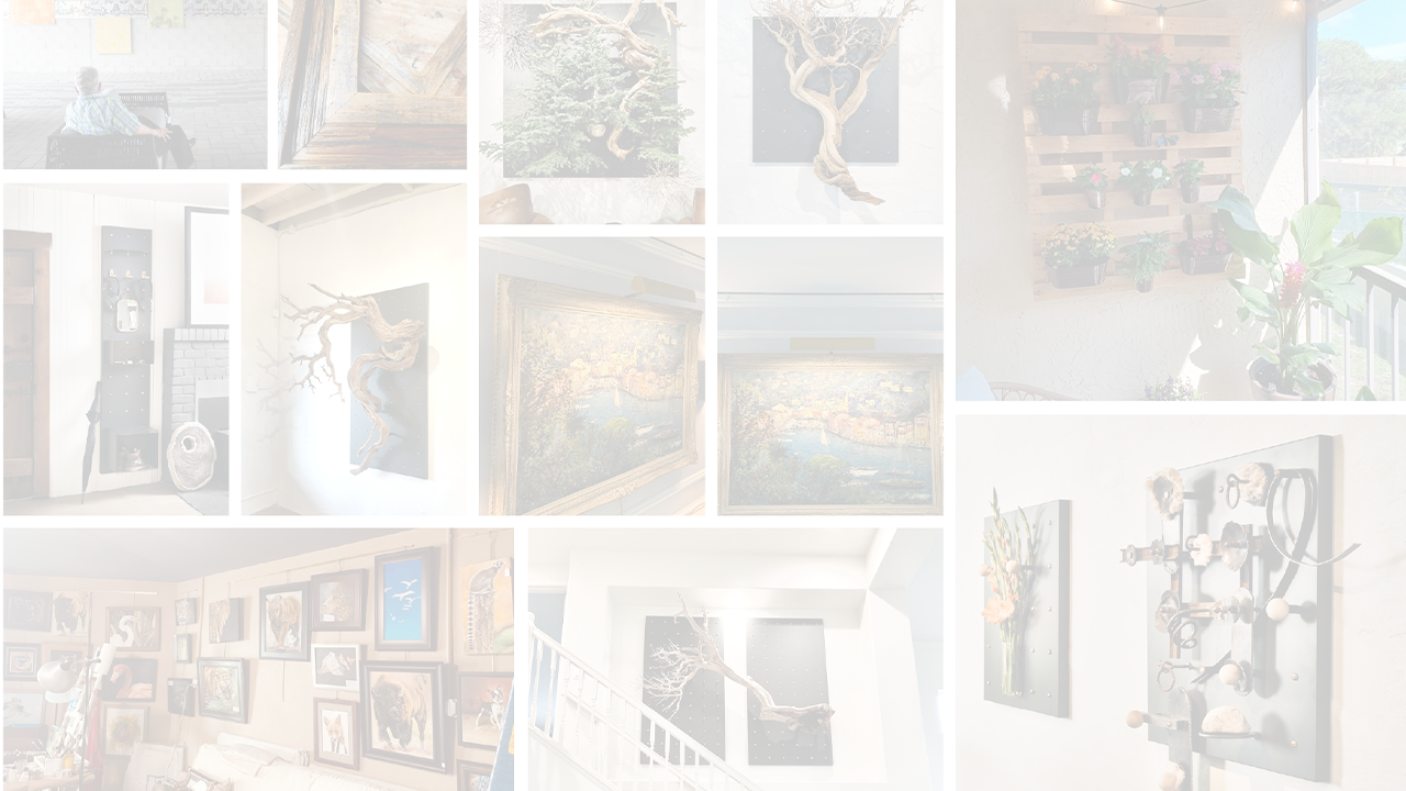 A faded collage of various wall decor hung using PHS products