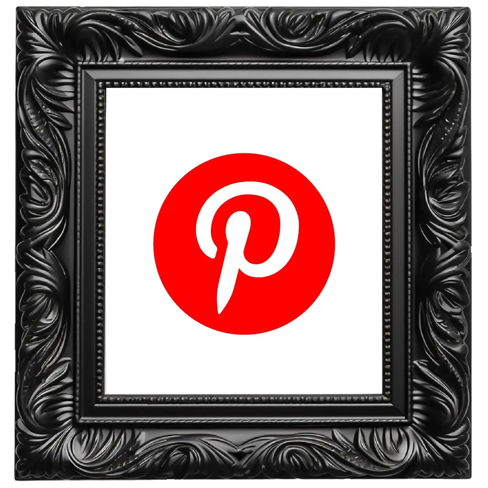 Black ornate picture frame holding a white background with a red circular pinterest logo.