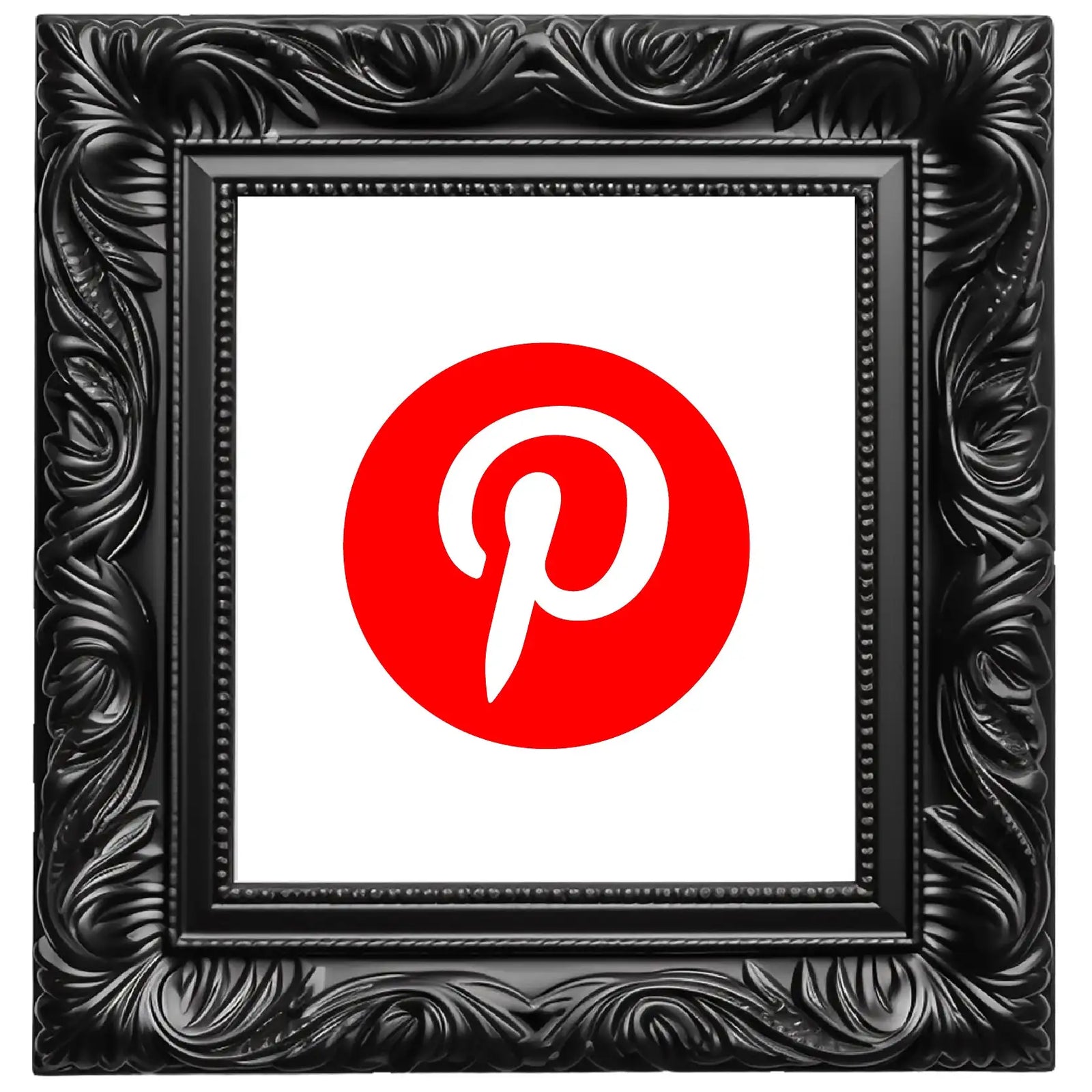 Black ornate picture frame holding a white background with a red circular pinterest logo.