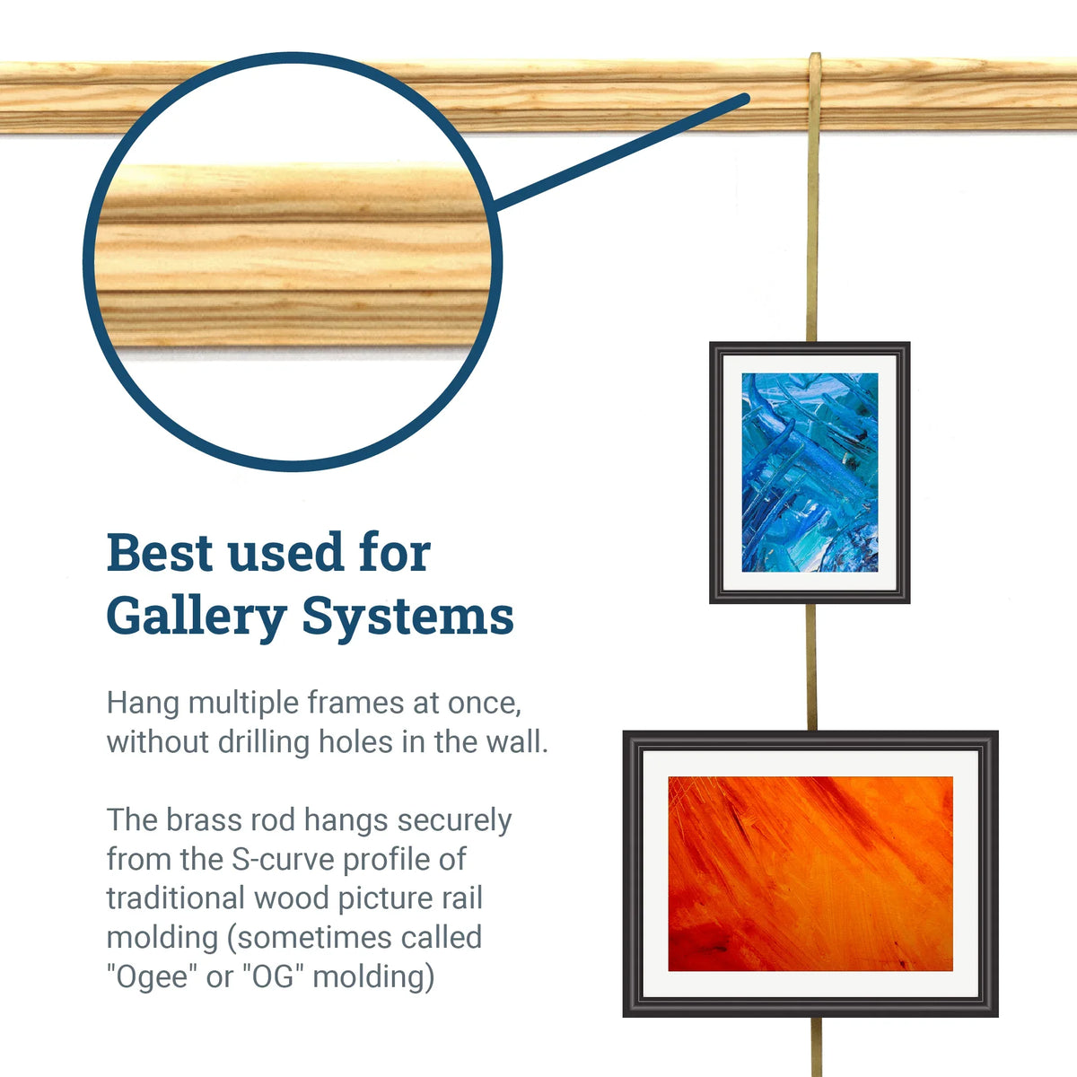 Brass Gallery Rod for Picture Rail Molding - 3 foot Rod for Hanging Multiple Frames and Photo Wall Collage - S-BGS-OGROD3 - Picture Hang Solutions