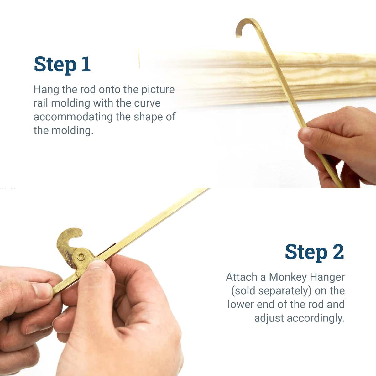 Brass Gallery Rod for Picture Rail Molding - 3 foot Rod for Hanging Multiple Frames and Photo Wall Collage - S-BGS-OGROD3 - Picture Hang Solutions