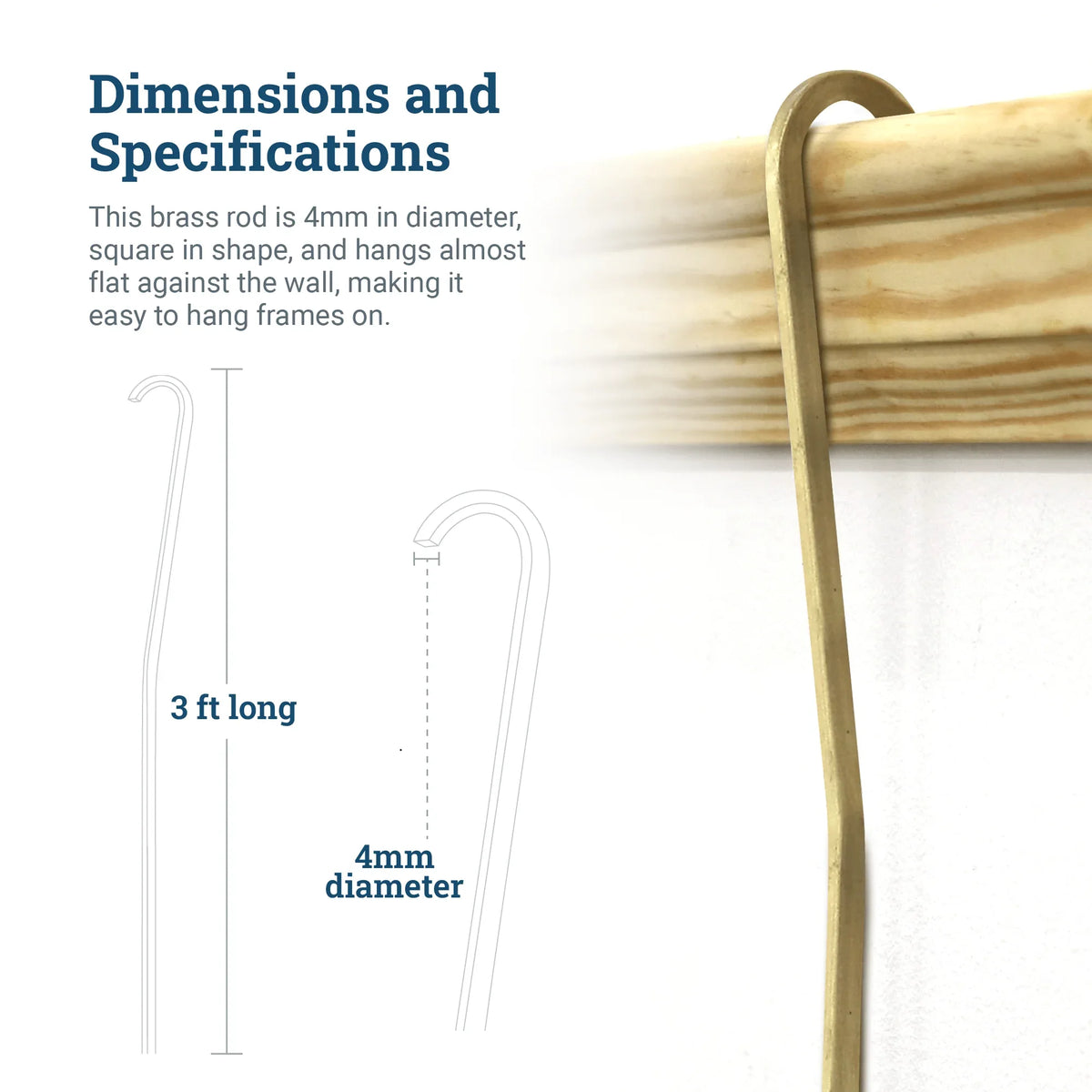 Brass Gallery Rod for Picture Rail Molding - 3 foot Rod for Hanging Multiple Frames and Photo Wall Collage - S-BGS-OGROD3 - Picture Hang Solutions