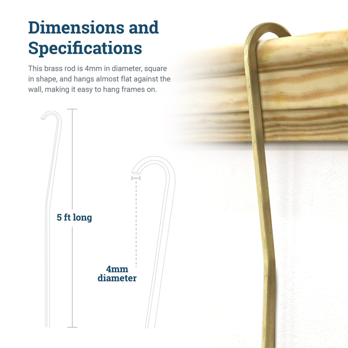 Brass Gallery Rod for Picture Rail Molding - 5 foot Rod for Hanging Multiple Frames and Photo Wall Collage - S-BGS-OGROD - Picture Hang Solutions