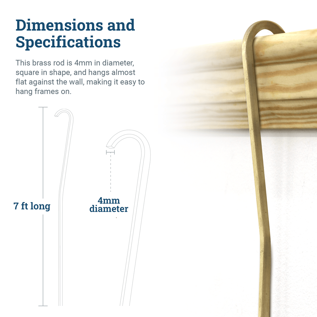 Brass Gallery Rod for Picture Rail Molding - 7 foot Rod for Hanging Multiple Frames and Photo Wall Collage - S-BGS-OGROD7 - Picture Hang Solutions