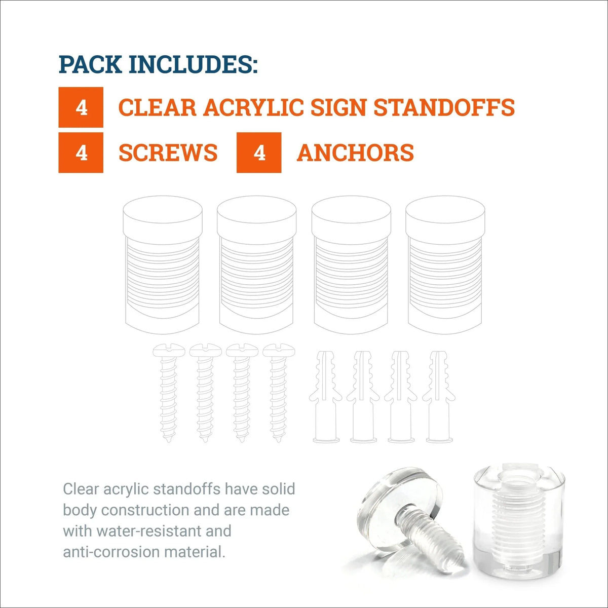 Clear Acrylic Display Sign Standoff 25mm x 25mm - S-SO-2525AC - Picture Hang Solutions
