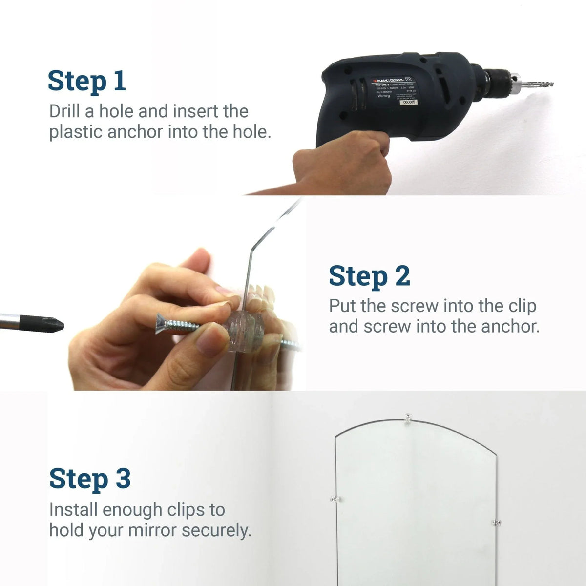 Clear Mirror Clips For Frameless Mirrors - Holds 1/4" Thick Glass - S-HWR-MIRCLIPX - Picture Hang Solutions
