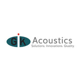 Gk acoustics logo featuring a teal oval with black ’g’ and ’k’ letters, accented by a small red dot above the ’i’ in ’acoustics,’ alongside gray text reading “solutions.