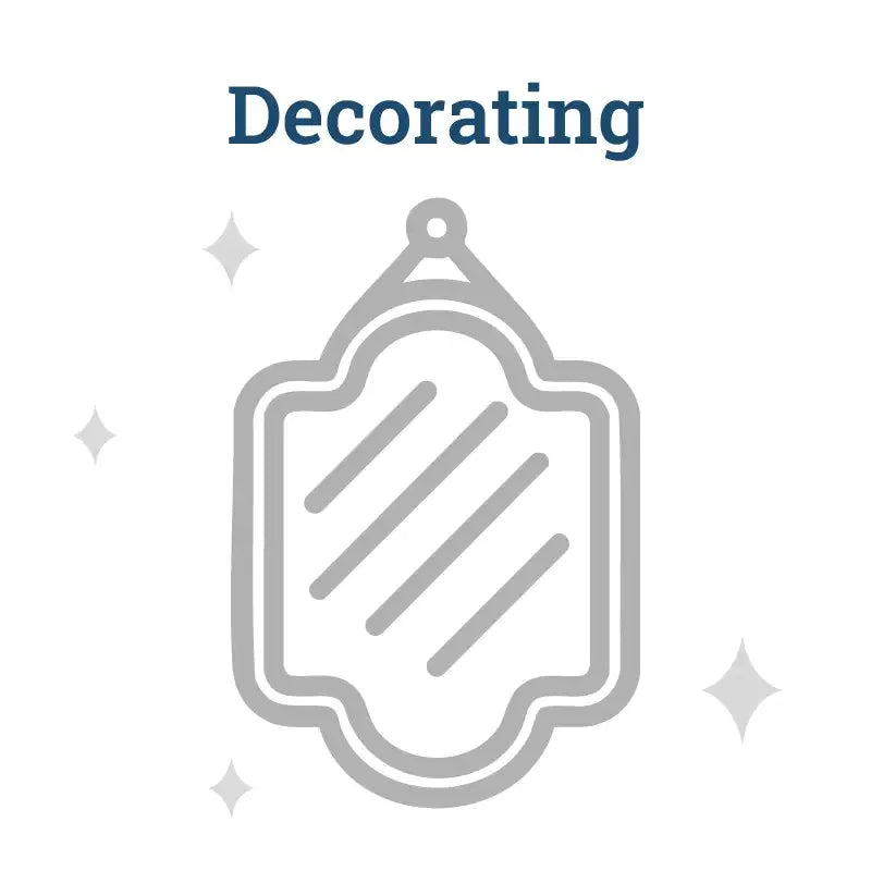 Gray decorative hanging plaque with a scalloped border and diagonal striped pattern.