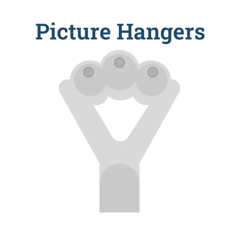 Gray plastic picture hanger with three circular hooks.