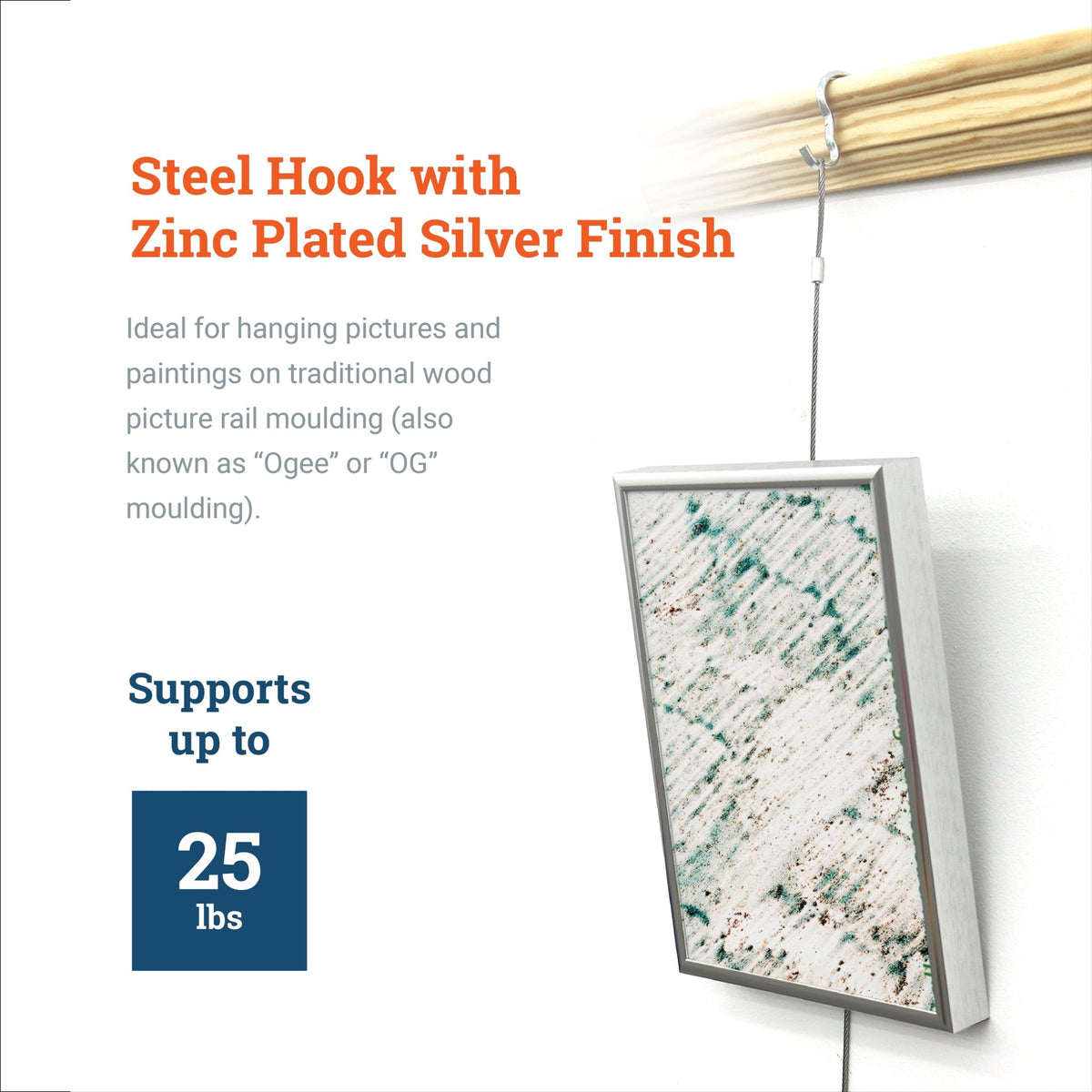 Narrow Picture Rail Hook Zinc/Silver - HWR-1226X - Picture Hang Solutions