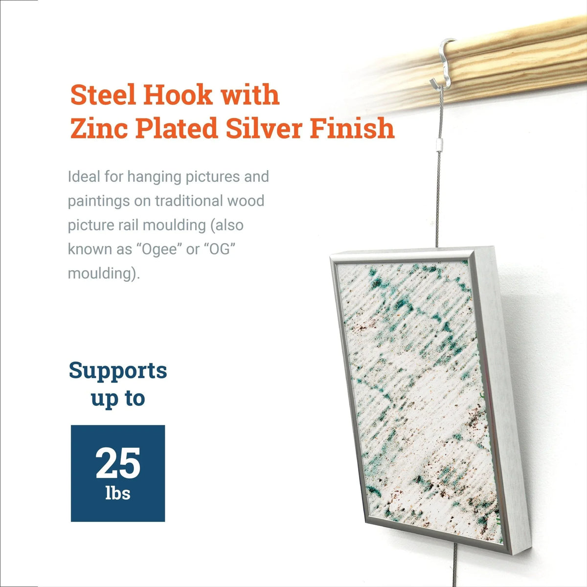 Narrow Picture Rail Hook Zinc/Silver - S-HWR-1226X - Picture Hang Solutions