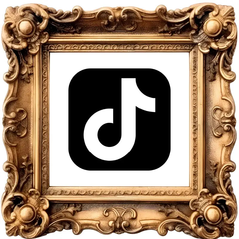 The ornate gold-framed artwork features a black and white tiktok logo centered on a plain white background.