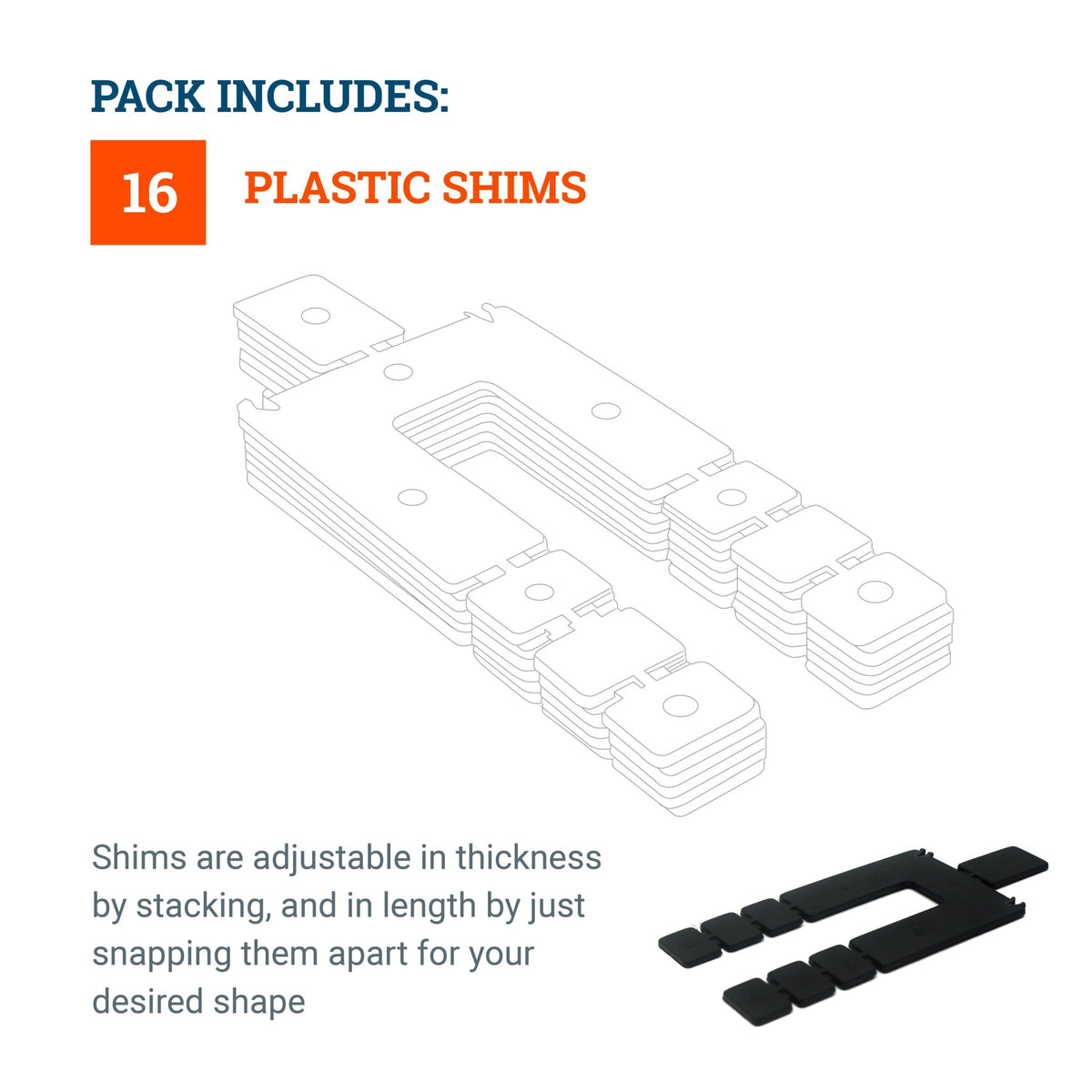 Plastic Structural Shimstack - 16 Pack - Adjustable Plastic Shims - 1/16” Thickness with 5/8 “ Slot Width - SHIM-116 - Picture Hang Solutions