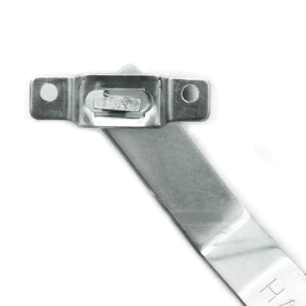 Silver metal window latch with a rectangular body and two mounting holes, attached to a matching metallic strip.