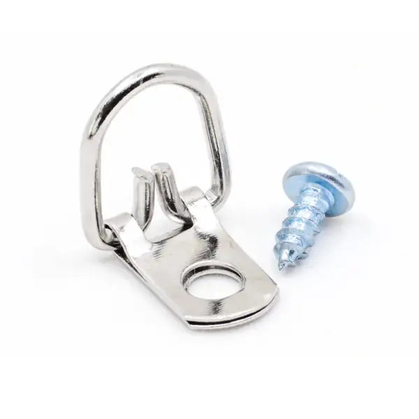 Silver-toned metal d-ring hook with a flat mounting plate and central hole, accompanied by a light blue screw.