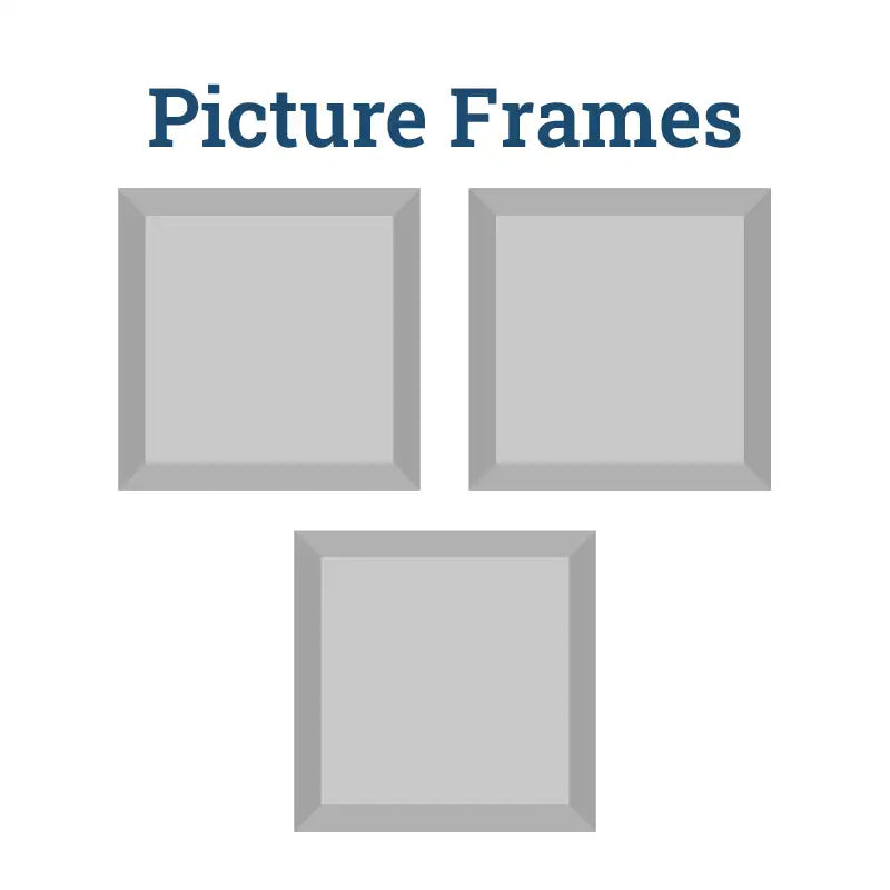 Three minimalist gray picture frames with clean, square edges.