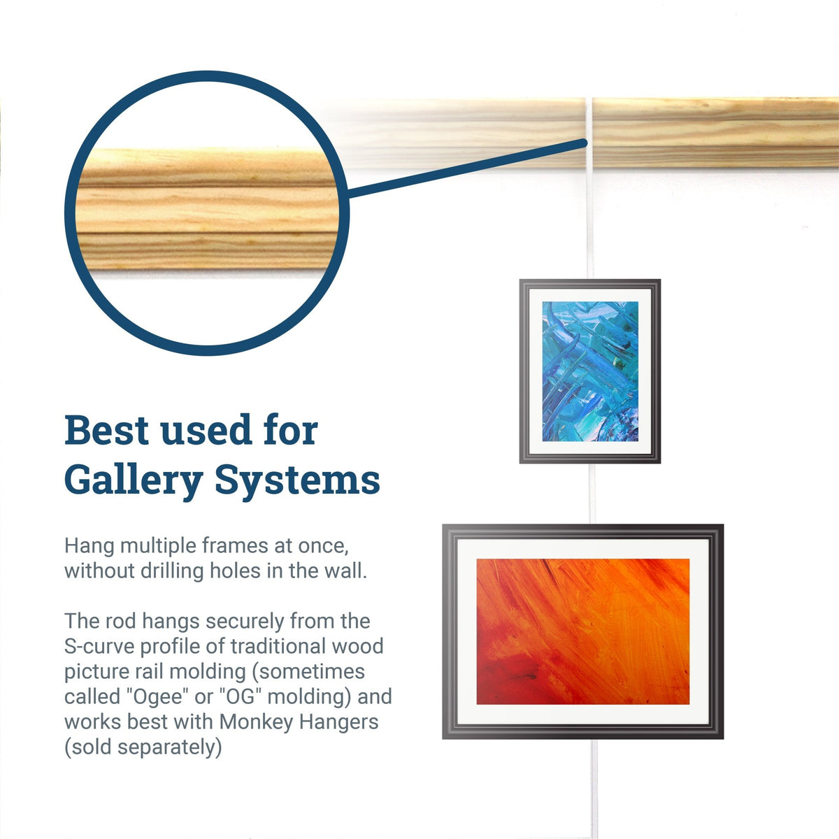 White Gallery Rod for Picture Rail Molding - 4 foot Rod for Hanging Multiple Frames and Photo Wall Collage - GS-OGRODW - Picture Hang Solutions