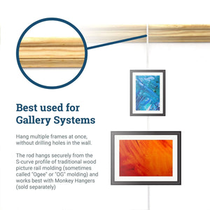 White Gallery Rod for Picture Rail Molding - 4 foot Rod for Hanging Multiple Frames and Photo Wall Collage - S-GS-OGRODW - Picture Hang Solutions
