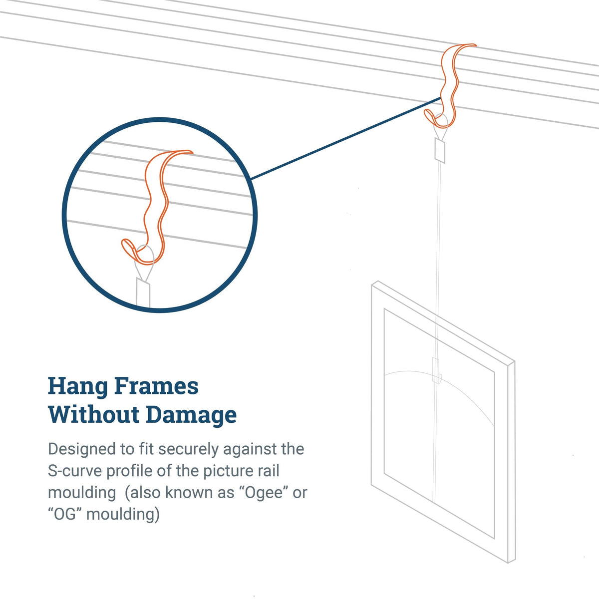 Wide Picture Rail Hook Zinc/Silver - HWR-2220X - Picture Hang Solutions