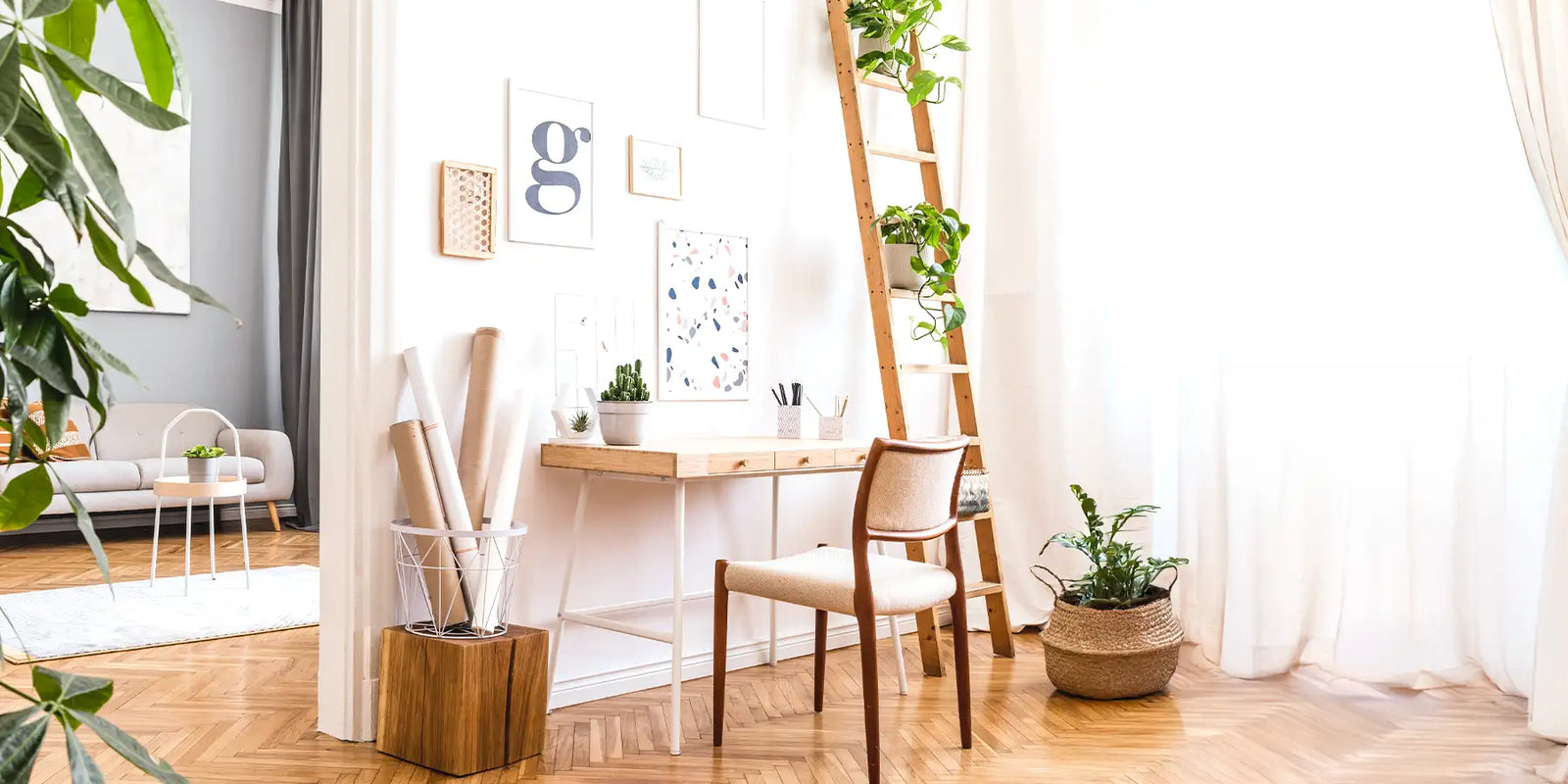 Wooden ladder with green plants growing along its rungs
